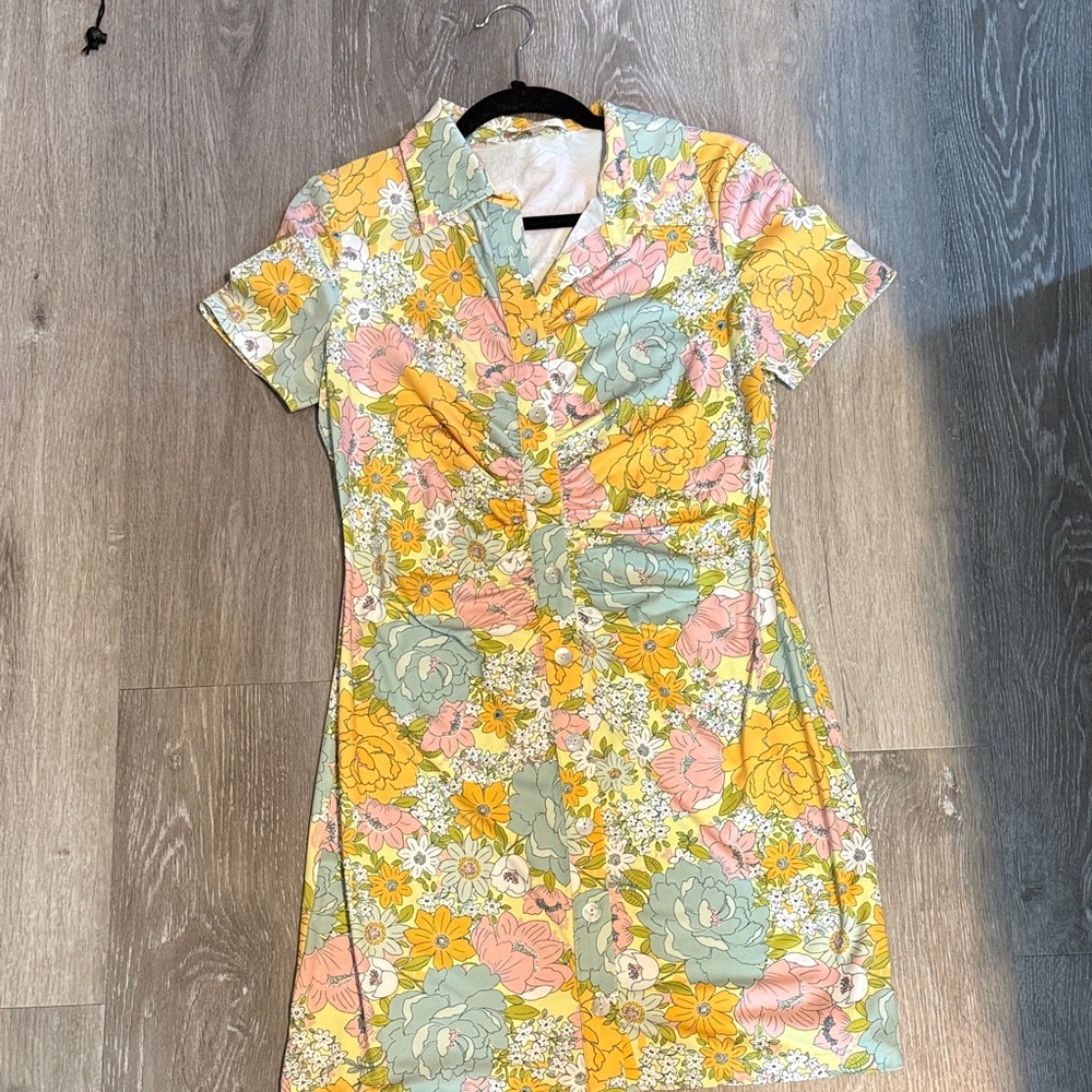 Wayf Yellow, Pink & Sage Floral Button-Front Mini Dress